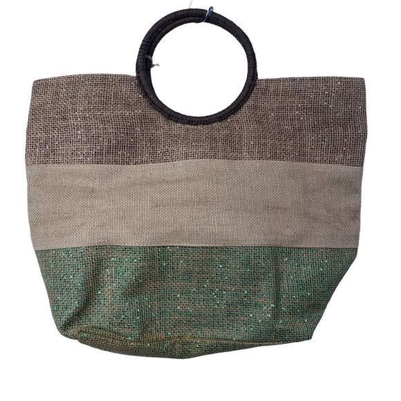 Ladies Lucky 7 Metallic 3‎ Tone Jute Tote with round handles - Picture 1 of 4